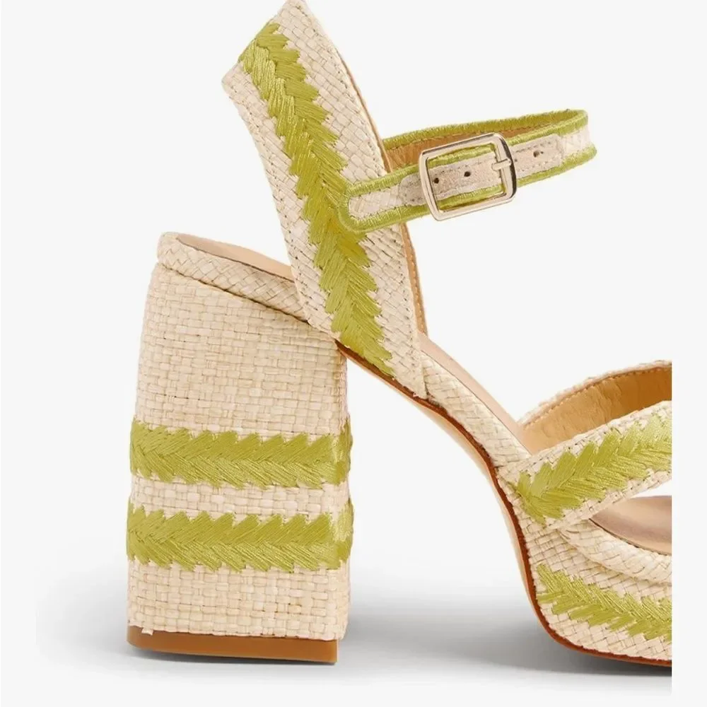Castaner Vega Heels Heeled Sandals Shoes Raffia Embroidered Tan Green NIB 41
